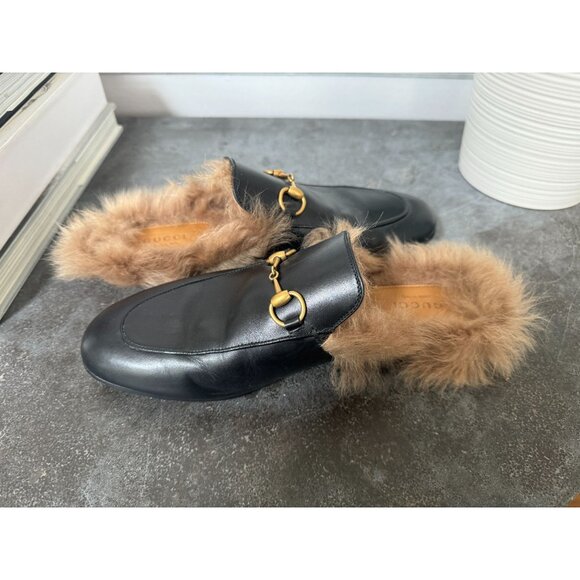 Gucci Princetown Fur Mule Black Patent Leather Slipper size 38.5 - Picture 5 of 8